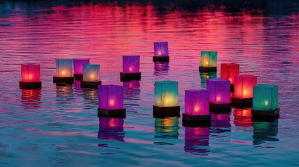 Floating lanterns on calm water reflecting vivid sunset colors