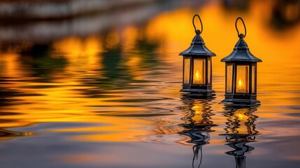 Lanterns floating on tranquil water at sunset