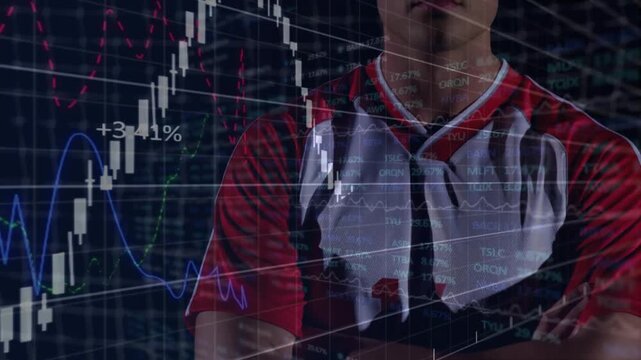 Adult man crossing arms against dark trading grid, featuring floating candlesticks and line graphs