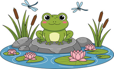 Fototapeta premium Cute green cartoon frog sitting on a rock in a pond with pink water lilies dragonflies and cattails flat vector illustration.