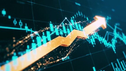 Golden arrow graph pointing upwards representing stock market growth and financial success in a dynamic digital visualization - Powered by Adobe