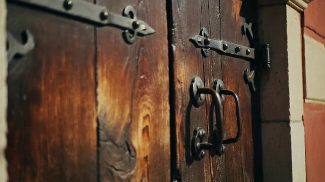 Detailed shot of an old, weathered wooden door, showcasing its rich texture, antique metal hinges, and a classic handle bathed in warm sunlight.