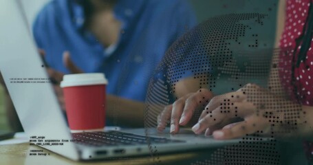 Woman typing code after coworker gesture, explaining segment with animated overlays in tech meeting - Powered by Adobe