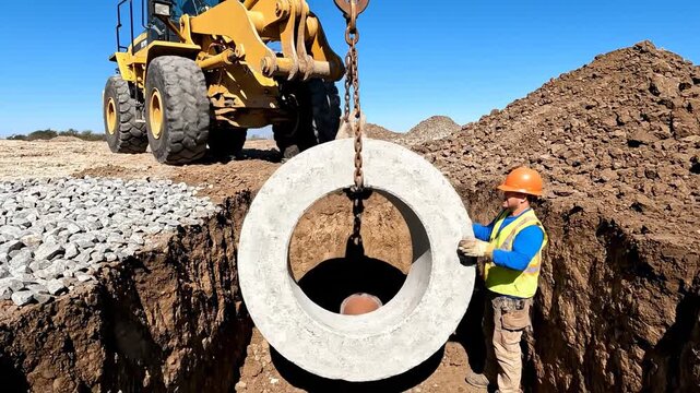 Precision Manhole Installation: Heavy Equipment Places Massive Concrete Ring