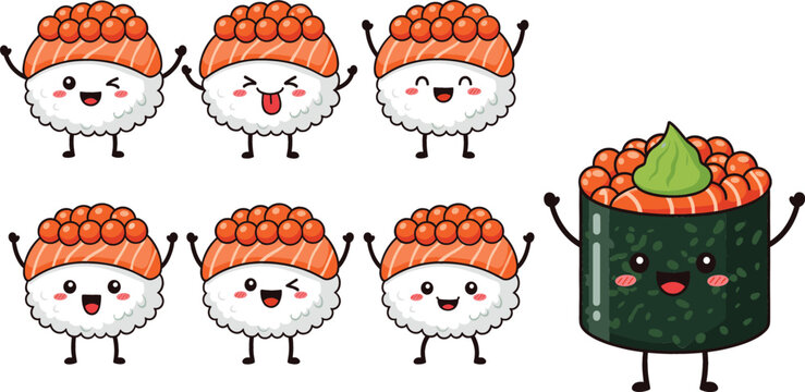 Cute kawaii sushi characters set with various facial expressions and emotions, funny salmon roe nigiri and gunkan maki vector illustrations for kids menu design.