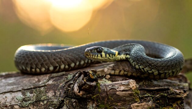 A close-up shot of a grass snake coiled on a tree branch with a blurred background.