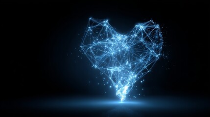 A glowing blue heart made of digital connections and lines against a dark background