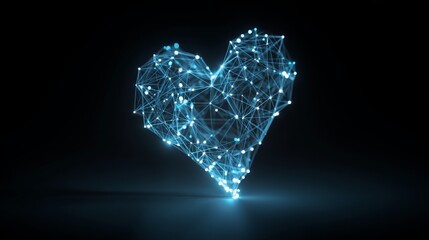 A glowing blue heart made of connected lines and dots against a dark background