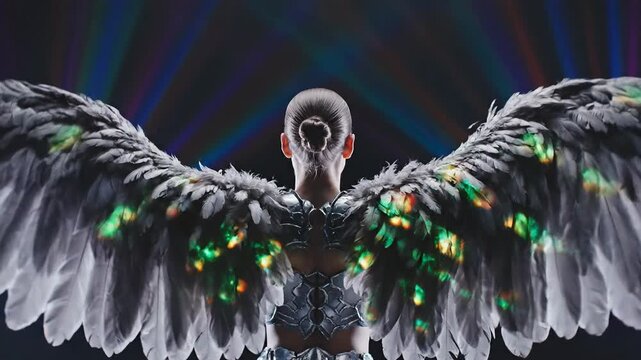 A woman with illuminated wings and a creative ensemble stands against a colorful background