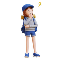 Traveler Backpacker Girl Character Thinking with a Question Mark