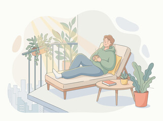 Obraz premium Modern Flat Illustration of Person Relaxing on Balcony with Plants and Morning Coffee