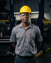 Professional African American industrial worker in grey uniform and safety gear looking at camera in workshop garage.