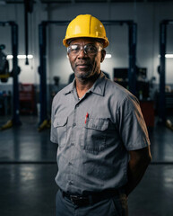 Portrait of confident African American mechanic wearing yellow hard hat and safety glasses standing in modern auto repair shop.