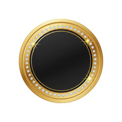 Luxurious golden circle frame with sparkling diamonds and glossy black center, elegant premium design isolated on transparent background.