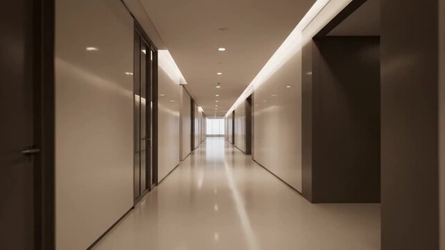 Smooth camera movement through a modern, empty office hallway. Sleek design, reflective surfaces, and bright window at end.