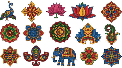 Colorful Indian Traditional Ornaments and Motifs Isolated on White Background