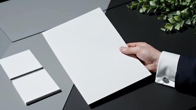 Business Person Holding Blank White Folder in Office Setting.