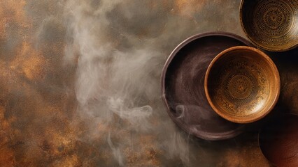 Smoky Indian dishes with intricate on a rustic surface indian food smoky dishes traditional cookware