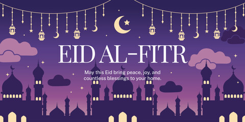 Horizontal Eid al-Fitr Banner with Silhouette Mosque and Crescent Moon on Purple Gradient Background.