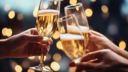 Two hands toast with full champagne flutes against a background of warm, blurred lights