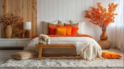 Cozy bedroom interior with bed plants and decor warm color scheme