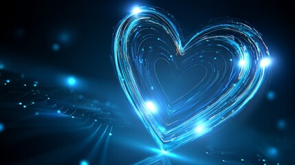 A glowing blue heart made of digital lines and dots shines brightly in a dark background with radiant lights