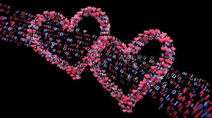 A creative digital illustration of a heart made from binary code on a black background