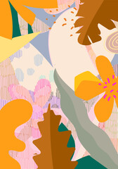 Abstract foliage botanical background. colorful flowers, leaves, branch hand drawing vector illustration for banner, print, textile and decoration.