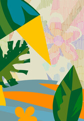 Abstract foliage botanical background. colorful flowers, leaves, branch hand drawing vector illustration for banner, print, textile and decoration.