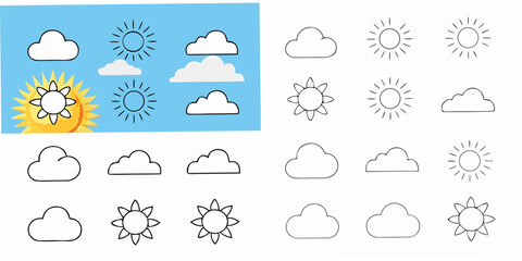 Fototapeta premium Weather icons a colorful grid displaying suns and clouds in various styles