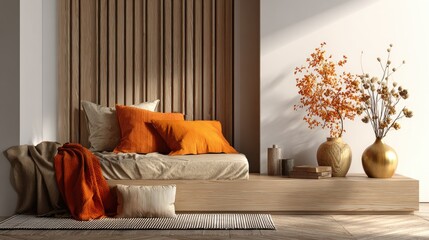 Cozy interior scene with decorative pillows and floral arrangements