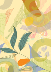 Abstract foliage botanical background. colorful flowers, leaves, branch hand drawing vector illustration for banner, print, textile and decoration.