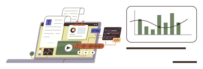 Data analytics, web development, coding, software functionality, performance insights, online tools. Laptop displaying graphics, charts and code editor. Data analytics and web development visuals