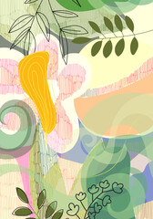 Abstract foliage botanical background. colorful flowers, leaves, branch hand drawing vector illustration for banner, print, textile and decoration.