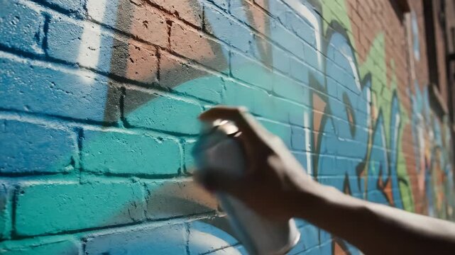 Hands skillfully spray vibrant colors on a brick wall, transforming a plain alley into a stunning mural. The creative energy fills the air on this sunny day.