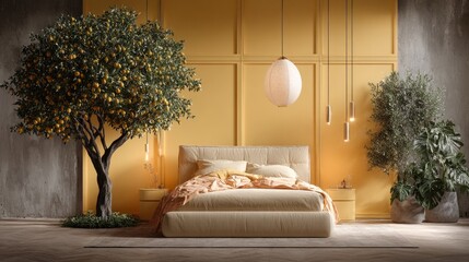 Modern bedroom interior with bed tree plants and decorative lightings