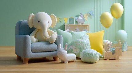 Childrens room decor with plush elephant on armchair and balloons