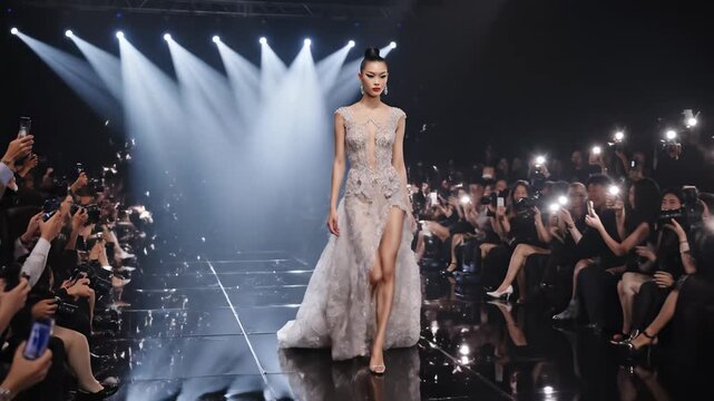 A stunning model strides confidently down the runway, wearing a sparkling gown. The atmosphere is electric with applause and flashes from cameras, illuminating the evening.