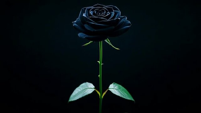 Stunning black rose on dark background with green leaves