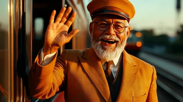 Smiling elderly man in vintage train conductor outfit waving
