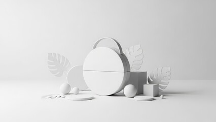 Minimalistic white geometric shapes with leaves and objects