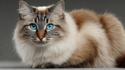 Captivating Ragdoll cat with striking blue eyes gazes intently, exuding elegance and serene beauty in a studio portrait.