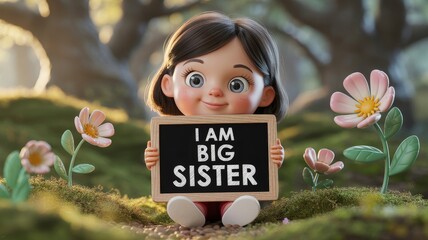 Joyful big sister celebrates family growth in enchanted garden 3d illustration whimsical friendly vibe
