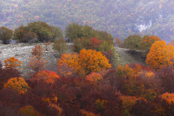 View of autumn foliage paints the landscape with fiery hues of red and orange contrasting against the muted greens of the distant trees, Subiaco, Lazio, Italy.