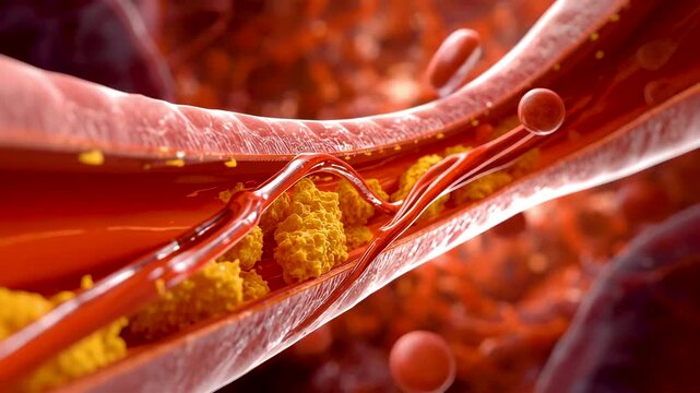 Vivid microscopic view of artery vessel interior with golden yellow plaque cholesterol buildup narrowing lumen red blood cells rushing through inflamed endothelium