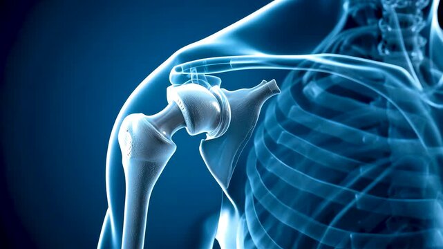 Blue glowing anatomical shoulder joint model highlighting humerus scapula clavicle rotator cuff muscles bones cartilage in dark medical science background