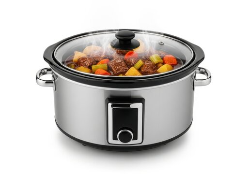Stainless steel electric slow cooker filled with simmering beef stew vegetables and steam escaping from the lid