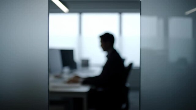 Dynamic shot revealing a blurred silhouette of a man working at a desk in a bright, modern office.