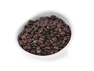 Fototapeta premium Top view of Espresso dark roast coffee beans in a white bowl, isolated on white background. 