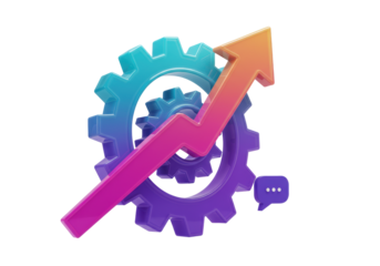 intricate translucent mechanical gear (purple/cyan) with an upward glossy arrow and floating metrics icons on a transparent backdrop. concept of optimized performance metrics